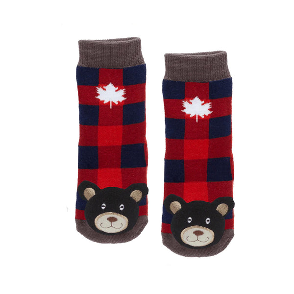 Messy Moose Socks, Plaid Black Bear with Maple Leaf, 6 Pack